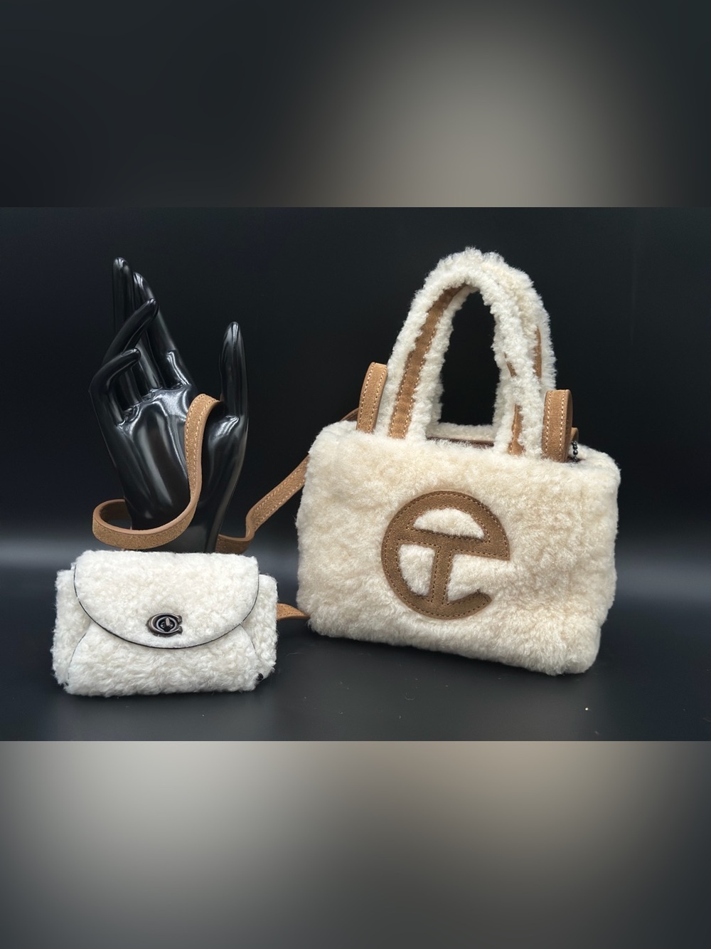 Telfar x Ugg: Cream Faux Shearling Tote with Tan Trim and Logo Emblem